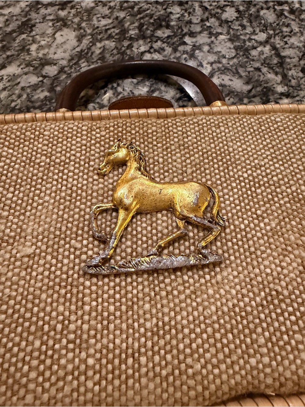 Vintage Western Natural Woven Top-Handle Bag with Gold Horse Accent - Picture 2 of 8